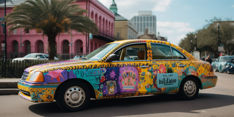 an image featuring vibrant taxis in New Orleans streets, iconic Essence Fest symbols, and crowds of festival-goers, emphasizing a sense of reliable and efficient transportation