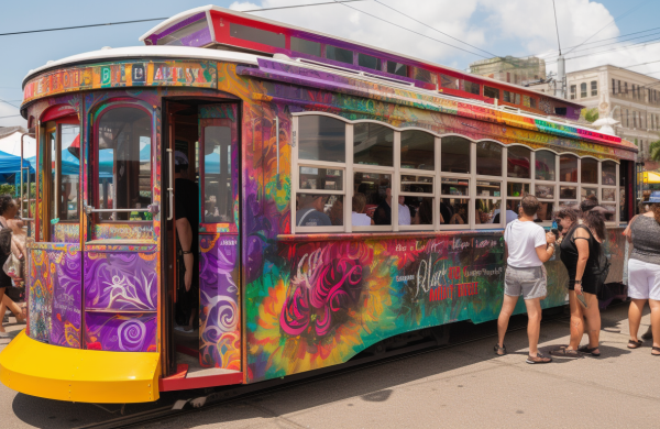 a colorful streetcar stopped by a New Orleans Essence Fest booth selling bus and streetcar tickets, surrounded by festival attendees and the vibrant cityscape.