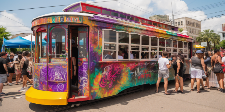 a colorful streetcar stopped by a New Orleans Essence Fest booth selling bus and streetcar tickets, surrounded by festival attendees and the vibrant cityscape.