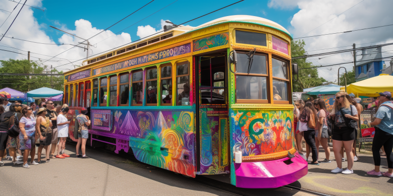 a colorful streetcar stopped by a New Orleans Essence Fest booth selling bus and streetcar tickets, surrounded by festival attendees and the vibrant cityscape.
