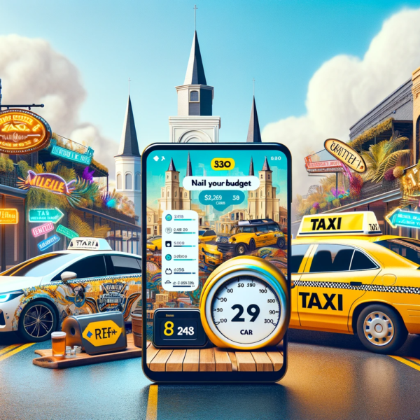 A widescreen image depicting the theme 'Nail Your Budget: Taxi And Rideshare Rates In New Orleans'. The scene includes a visual comparison of taxi and rideshare services in New Orleans. On one side, there's a traditional yellow taxi cab with a meter showing rates. On the other side, a rideshare car (generic, no specific brand logos) with a smartphone showing an app with pricing. The backdrop features iconic New Orleans imagery, such as historic buildings, street signs, and perhaps a hint of Mardi Gras decorations. The image should capture the essence of making a budget-conscious choice between taxis and rideshares in the vibrant city of New Orleans.